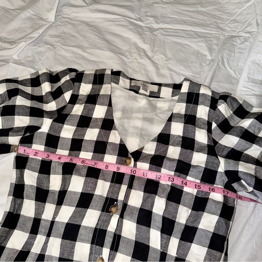 LOFT Black White Gingham Linen Blend Puff Sleeve Button Front Dress Size 4 - Picture 3 of 6